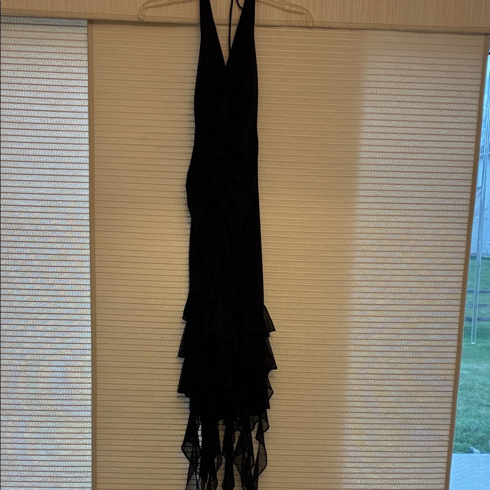 Niki Livas Black High-Low Ruffle Halter Dress
